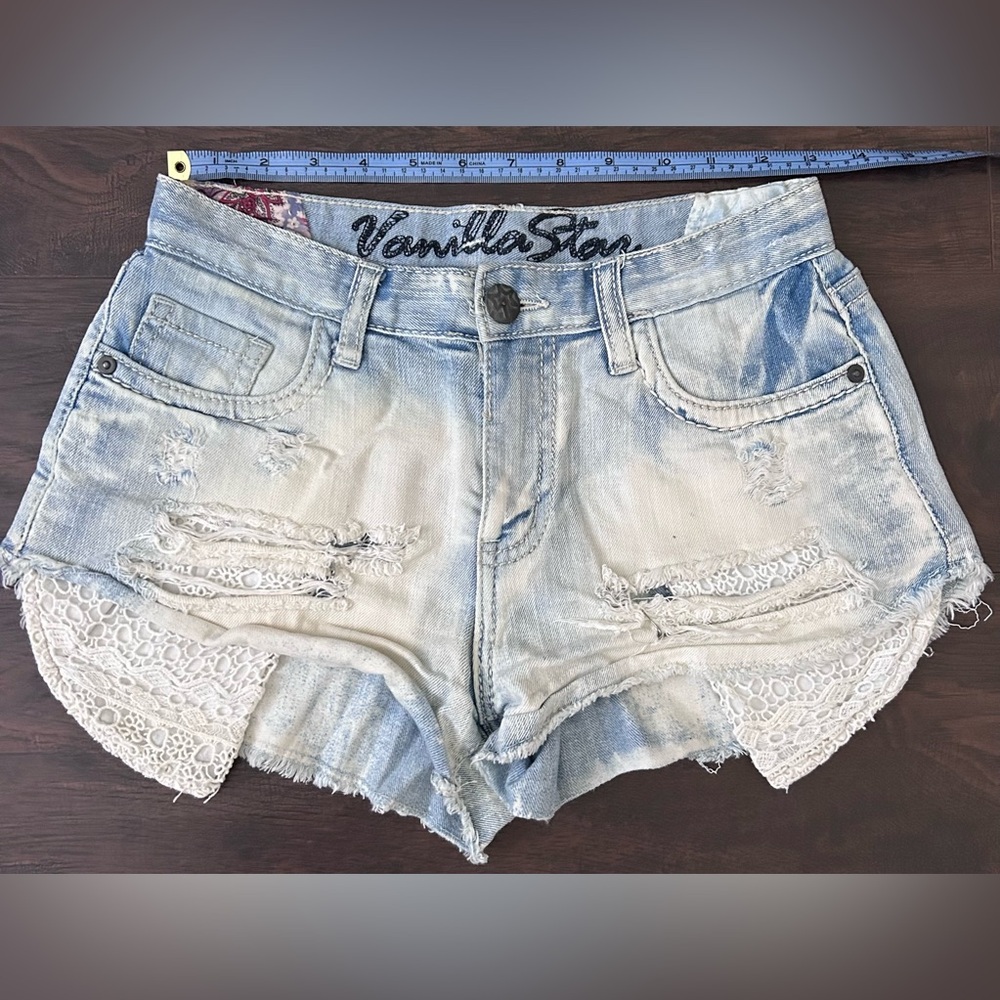 Vanilla Star Light Blue Distressed Denim Lace-Trim Shorts - Picture 3 of 7